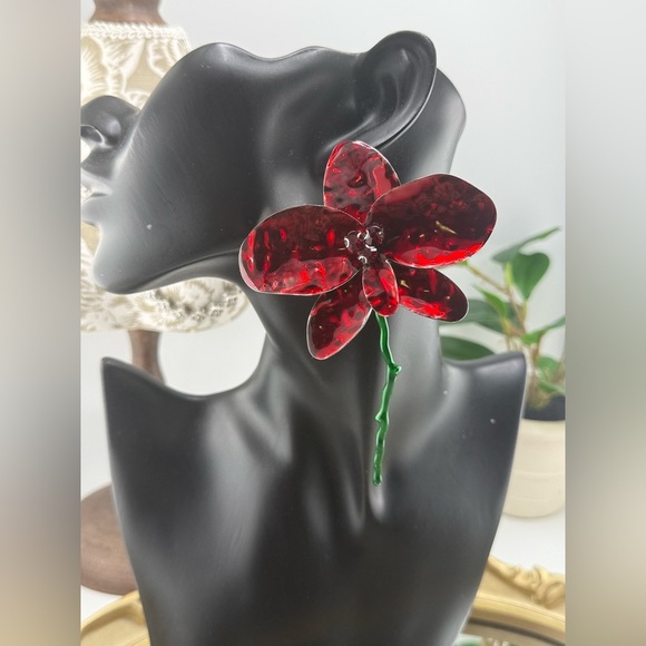 Zara Oversized Red Flower Statement Earrings – Artistic Floral Drop Jewelry - Picture 1 of 7